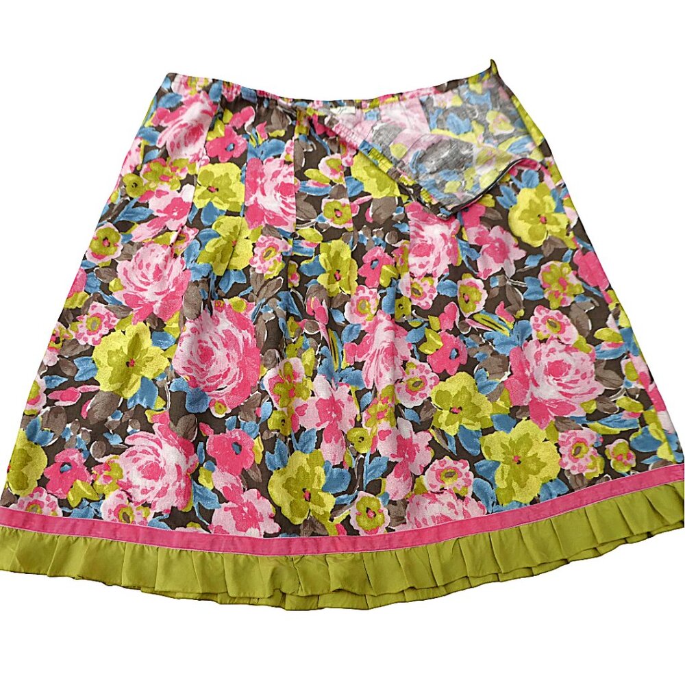 LiNeN Y2K J Jill Colorful Floral Skirt Silk Ruffle Velvet Ribbon Border Side Zip